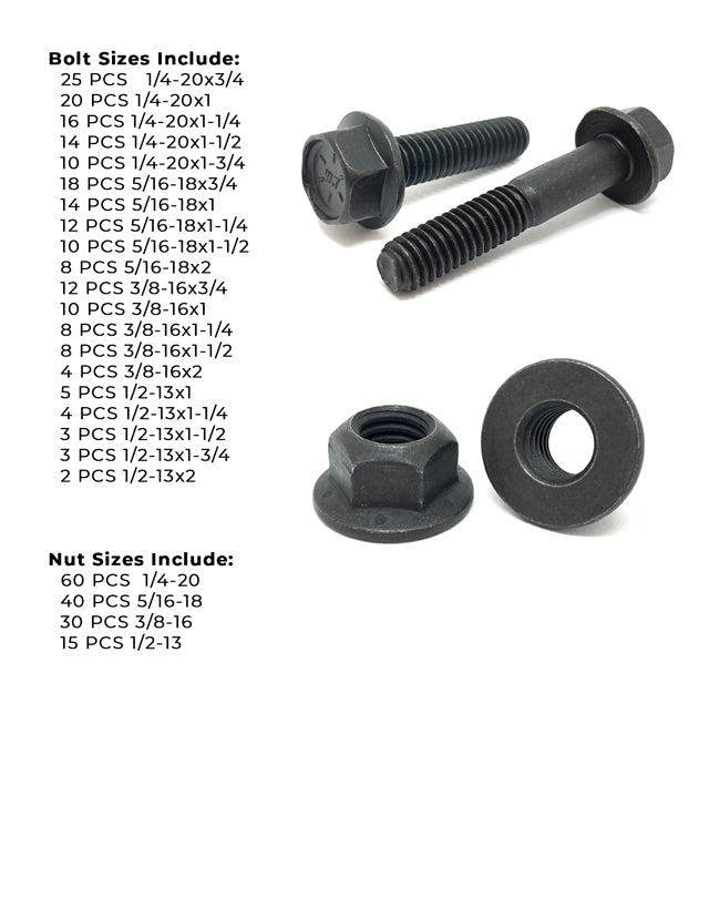 Inch Grade 8 Hex Flange Frame Bolts & Lock Nuts Black Assortment - 351 PCS