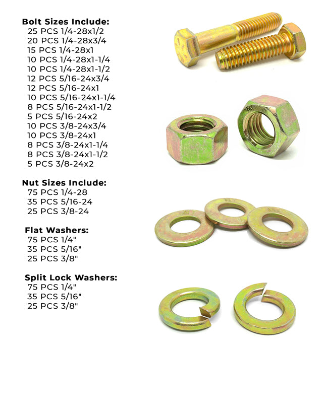 Inch Grade 8 Fine Hex Cap Screws, Hex Nuts, Flat & Lock Washers - 573 PCS