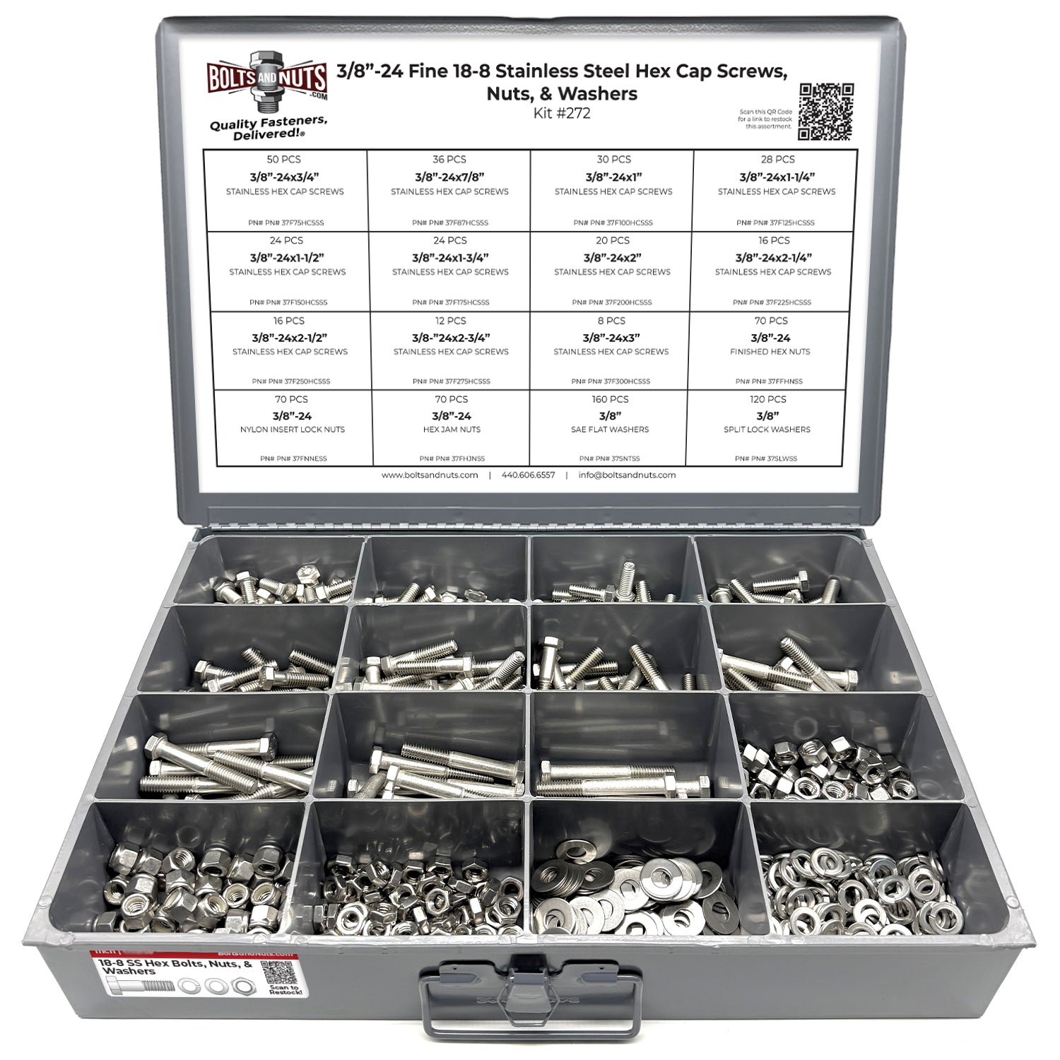 3/8"-24 Fine 18-8 Stainless Steel Hex Cap Screws, Nuts, & Washers - 755 PCS