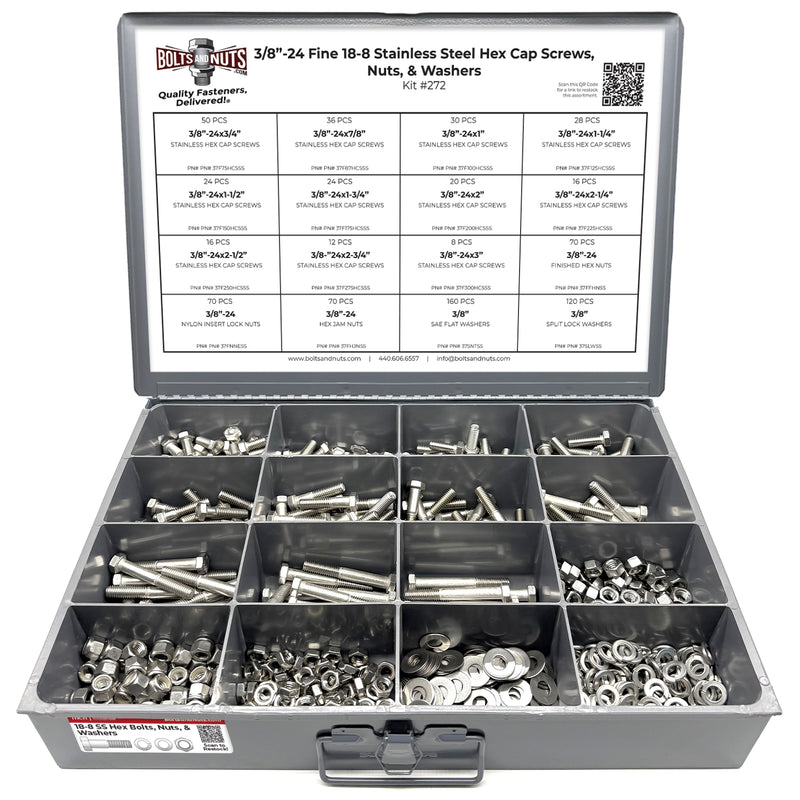 3/8"-24 Fine 18-8 Stainless Steel Hex Cap Screws, Nuts, & Washers - 755 PCS