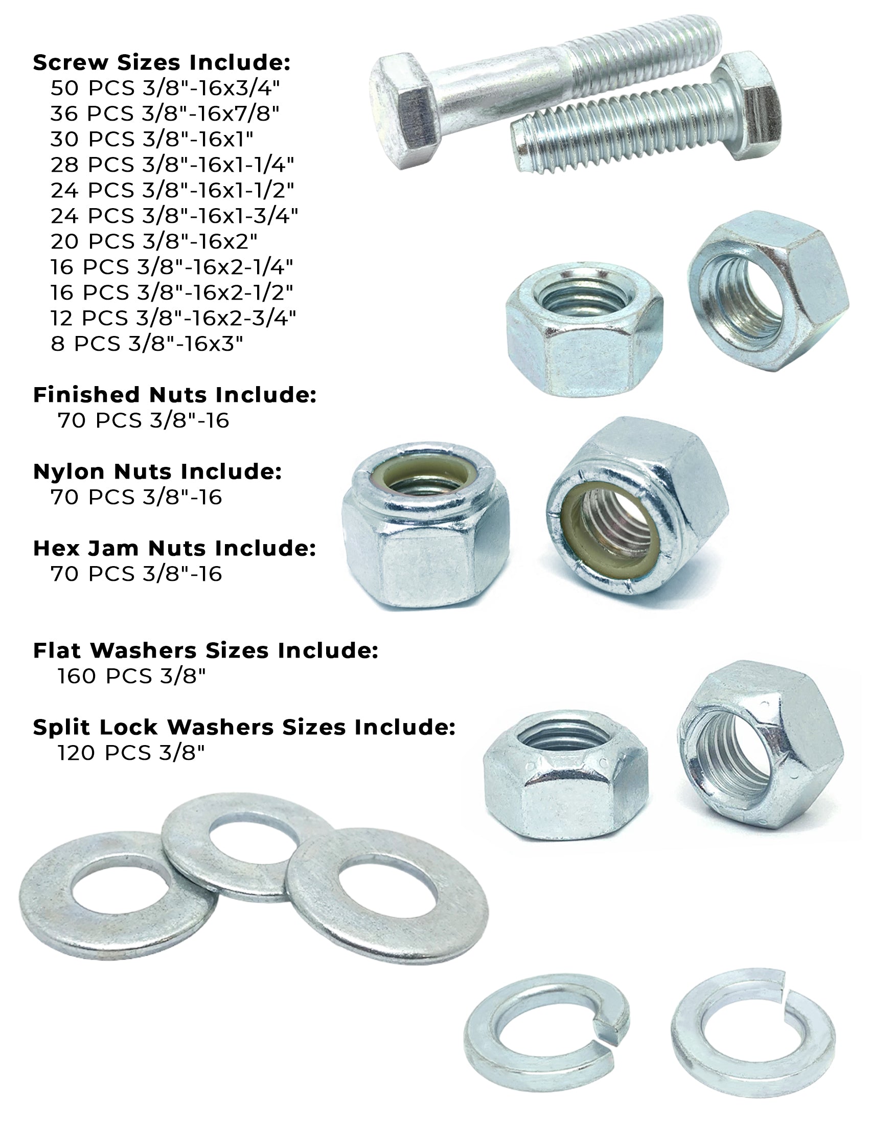 3/8"-16 Coarse Grade 5 Hex Cap Screws, Nuts, & Washers - 754 PCS