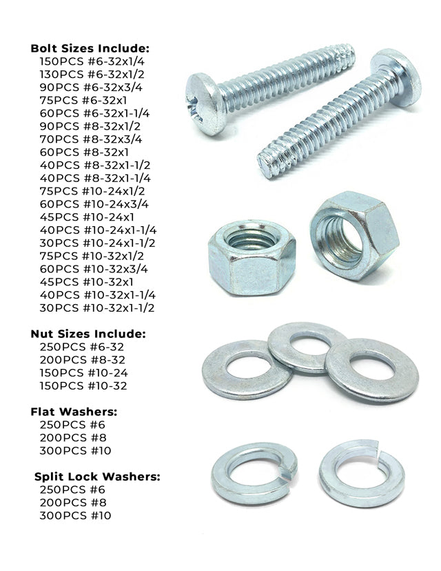 Inch Phillips Pan Head Machine Screws, Hex Nuts, Flat & Lock Washers - 3555 PCS