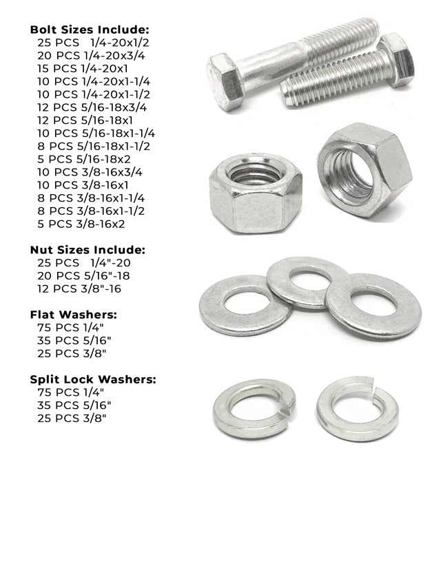 Inch 18-8 Stainless Hex Cap Screws, Hex Nuts, Flat & Lock Washers - 573 PCS