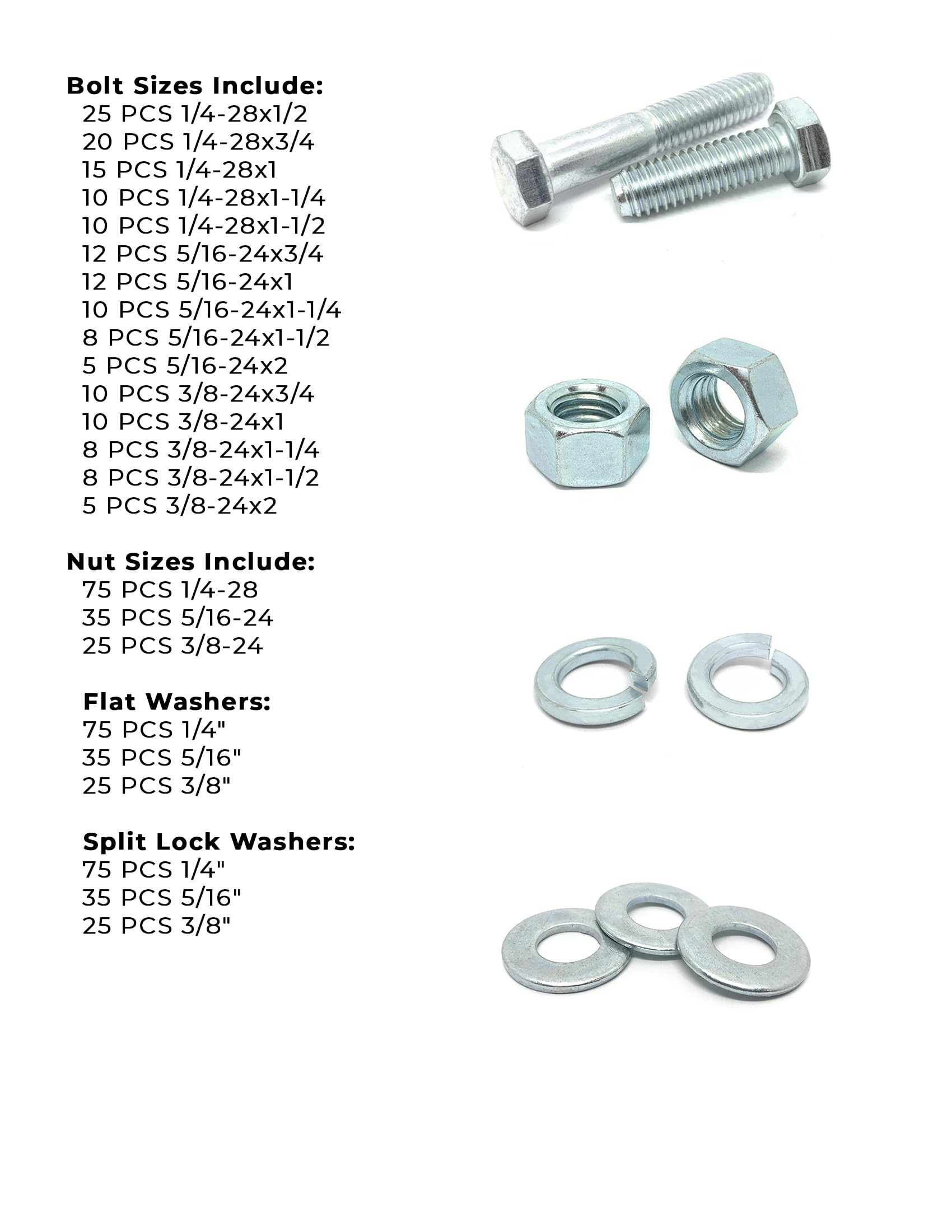 Inch Grade 5 FINE Hex Cap Screws, Hex Nuts, Flat & Lock Washers - 573PCS