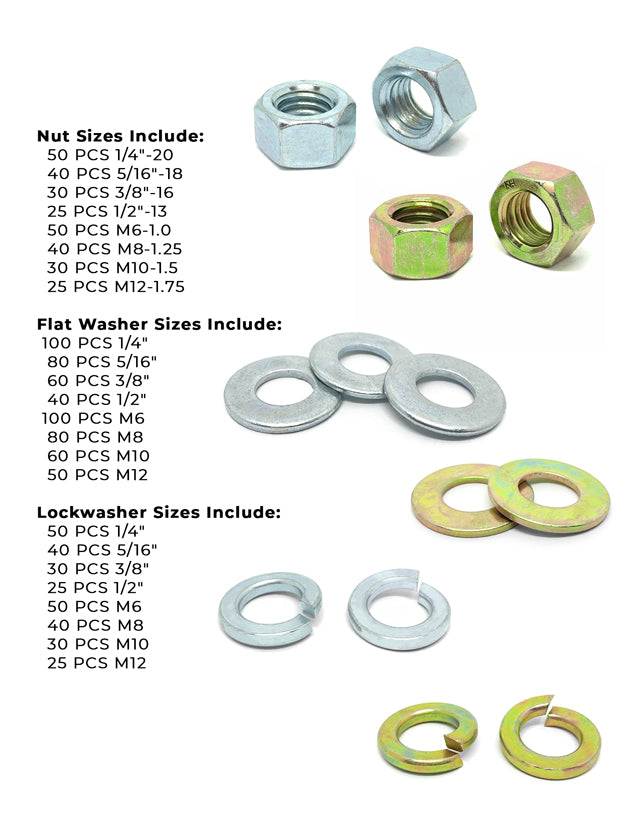Inch & Metric Grade 8 Hex Nut, Flat & Lock Washer Assortment - 1150 PCS