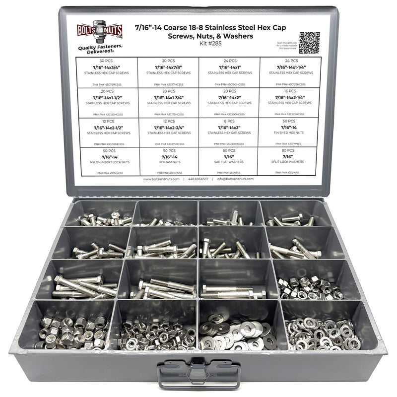 7/16"-14 Coarse 18-8 Stainless Steel Hex Cap Screws, Nuts, & Washers - 528 PCS
