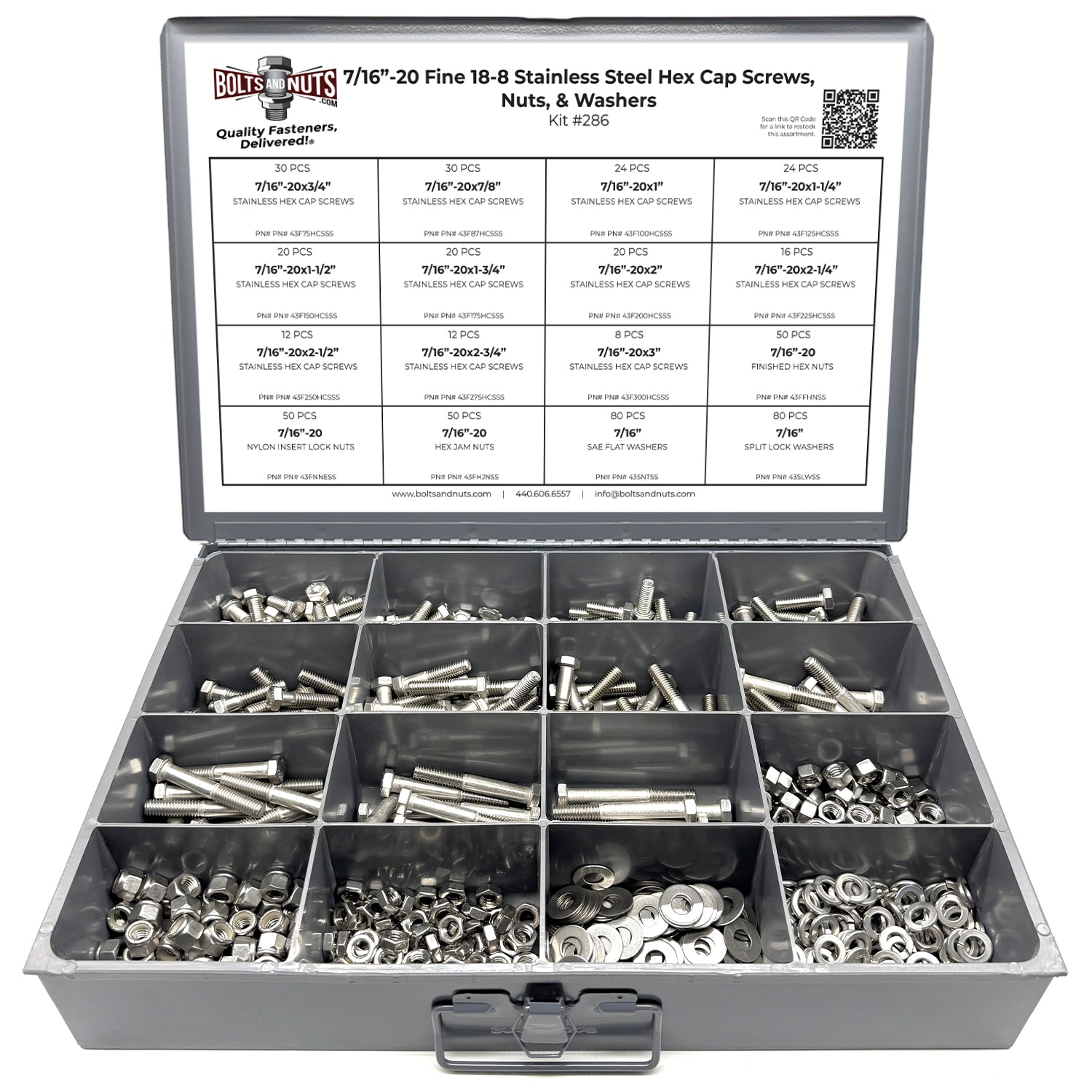 7/16"-20 Fine 18-8 Stainless Steel Hex Cap Screws, Nuts, & Washers - 528 PCS