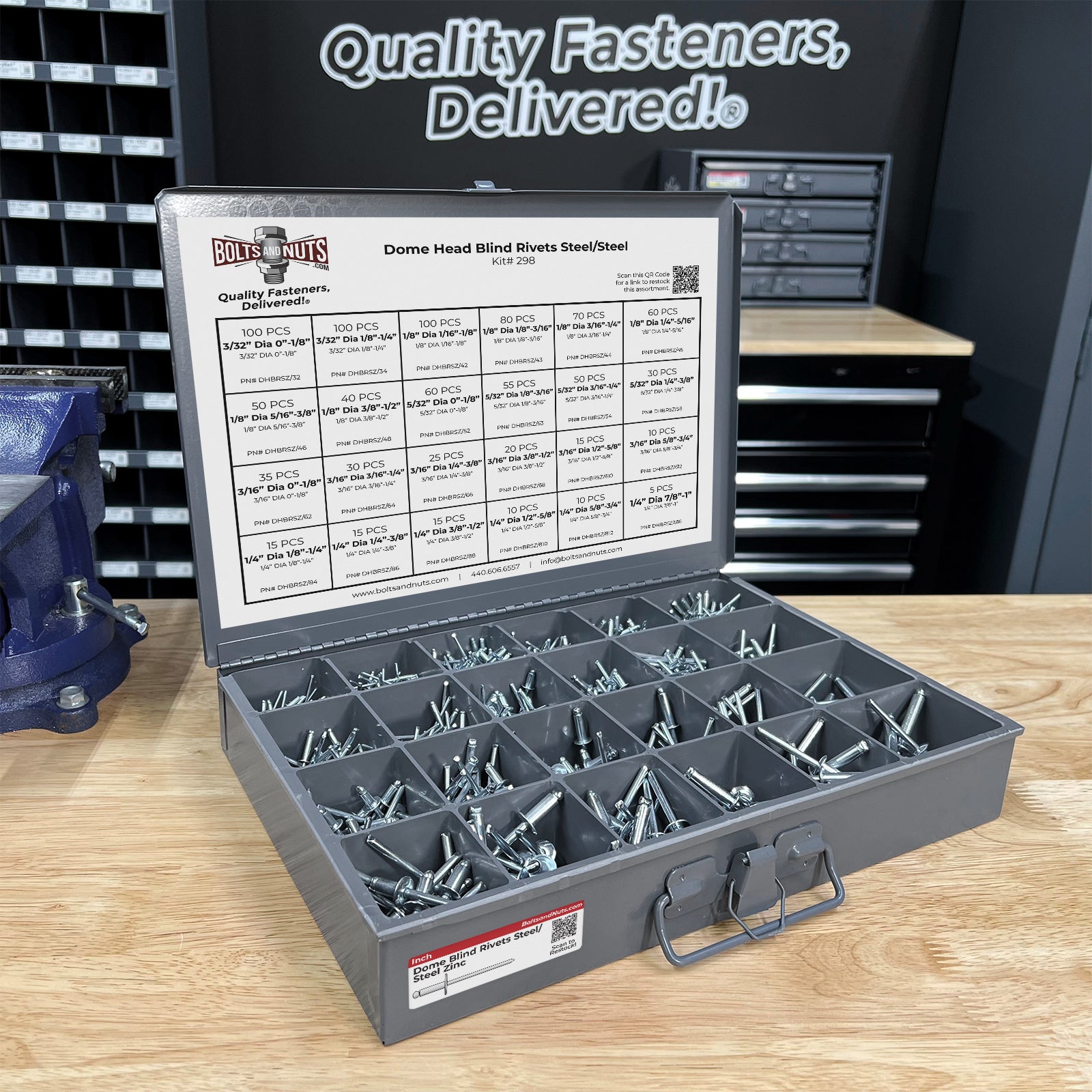 Dome Head Blind Pop Rivets Steel/Steel Mandrel Zinc Clear Assortment with Hand Rivet Tool- 1002PCS