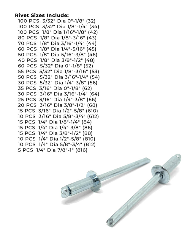 Dome Head Blind Pop Rivets Steel/Steel Mandrel Zinc Clear Assortment - 1001PCS
