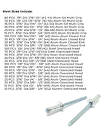 Aluminum and Steel Multi-Grip, Closed-End, & Oversized Head Rivets Assortment - 1116PCS