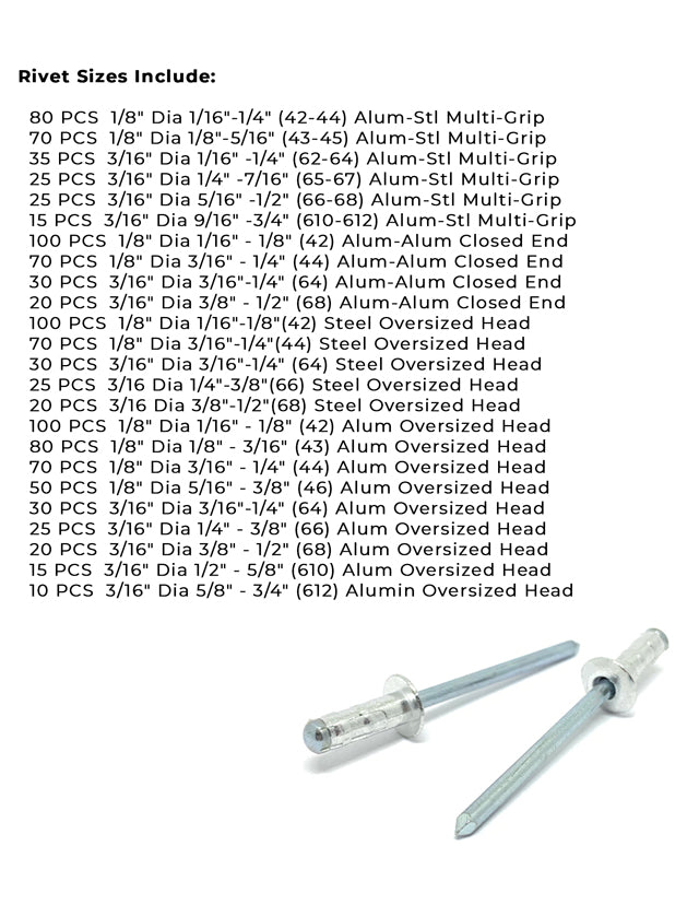Aluminum and Steel Multi-Grip, Closed-End, & Oversized Head Rivets Assortment - 1116PCS