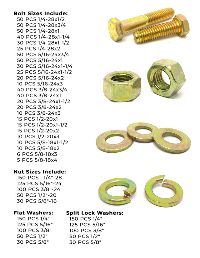 Inch Grade 8 Fine Hex Cap Screws, Hex Nuts, Flat & Lock Washers - 2012 PCS