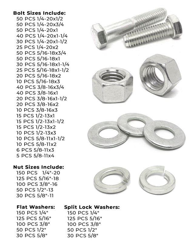 Inch 18-8 Stainless Hex Cap Screws, Hex Nuts, Flat & Lock Washers - 2012 PCS