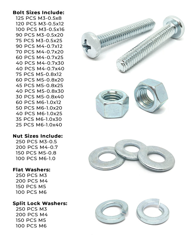 Metric Phillips Pan Head Machine Screws, Nuts, Flat & Lock Washers Zinc - 3371 PCS