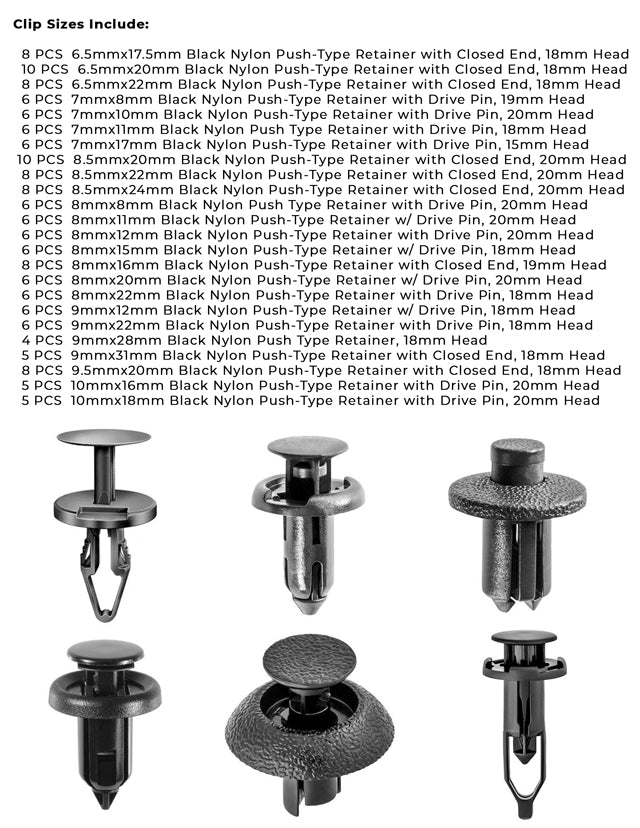Nylon Push Type Retainers with Drive Pins Assortment - 160 PCS