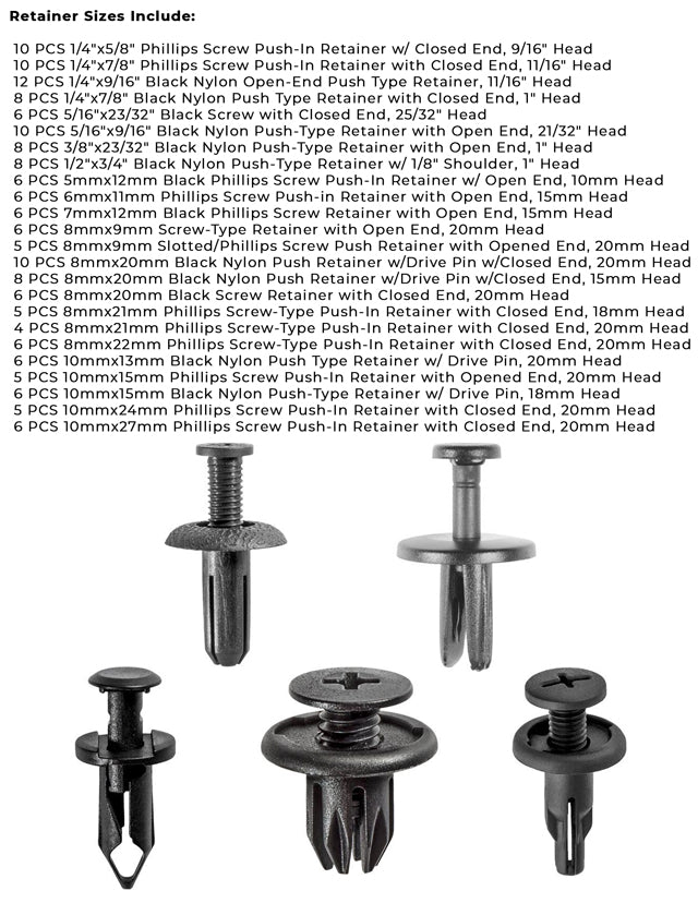 Nylon Screw and Drive Pin Push Type Retainer Assortment - 165 PCS