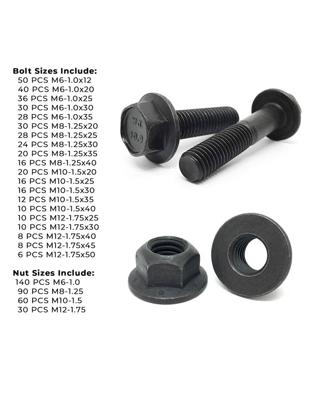 Metric Class 10.9 Hex Flange Frame Bolts & Nuts Assortment Phos & Oil - 739 PCS