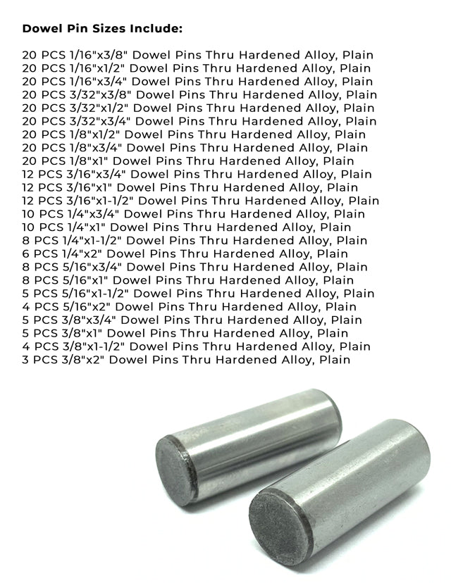 Plain Finish Hardened Alloy Dowel Pins Assortment - 293 PCS