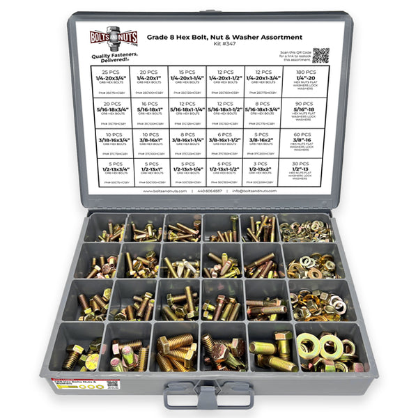 Inch Grade 8 Hex Cap Screws, Hex Nuts, Flat & Lock Washers 1/4", 5/16" 3/8", & 1/2"  - 575 PCS