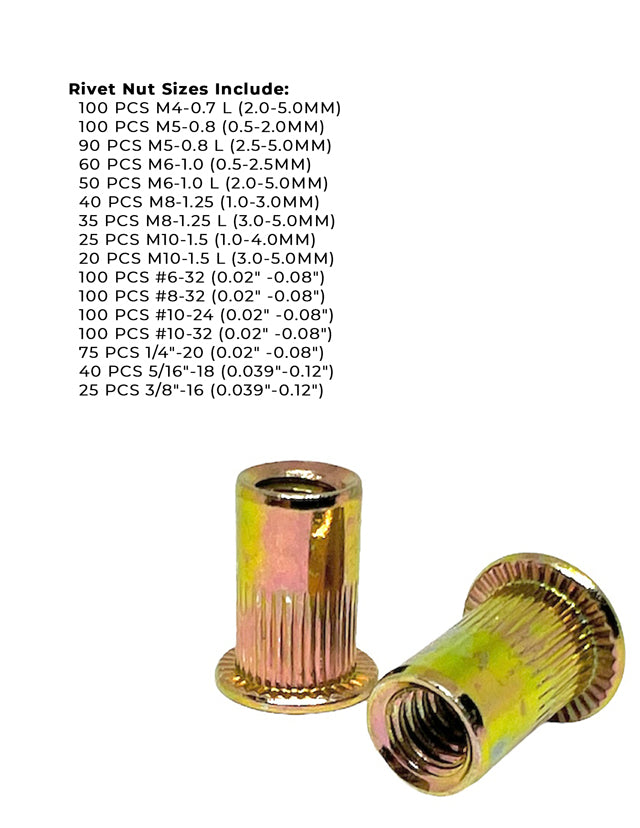 Inch & Metric Steel Rivet Nuts Zinc Yellow Assortment - 1061 PCS