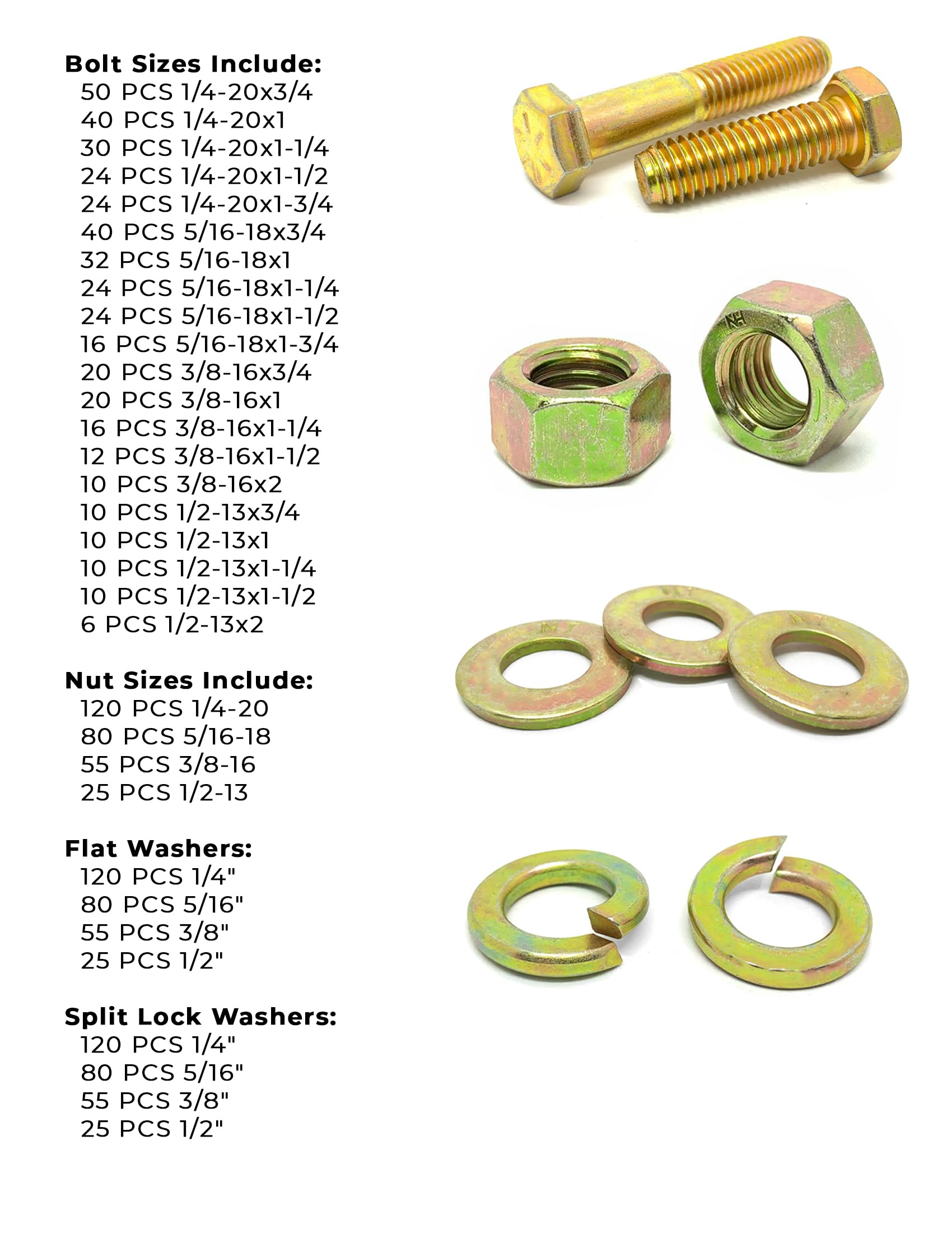 Inch Grade 8 Hex Cap Screws, Hex Nuts, Flat & Lock Washers Coarse Thread Zinc Yellow 1/4", 5/16" 3/8", & 1/2"  - 1268 PCS