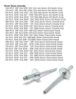Aluminum and Steel Multi-Grip, Closed-End, & Oversized Head Rivets Assortment - 2025 PCS