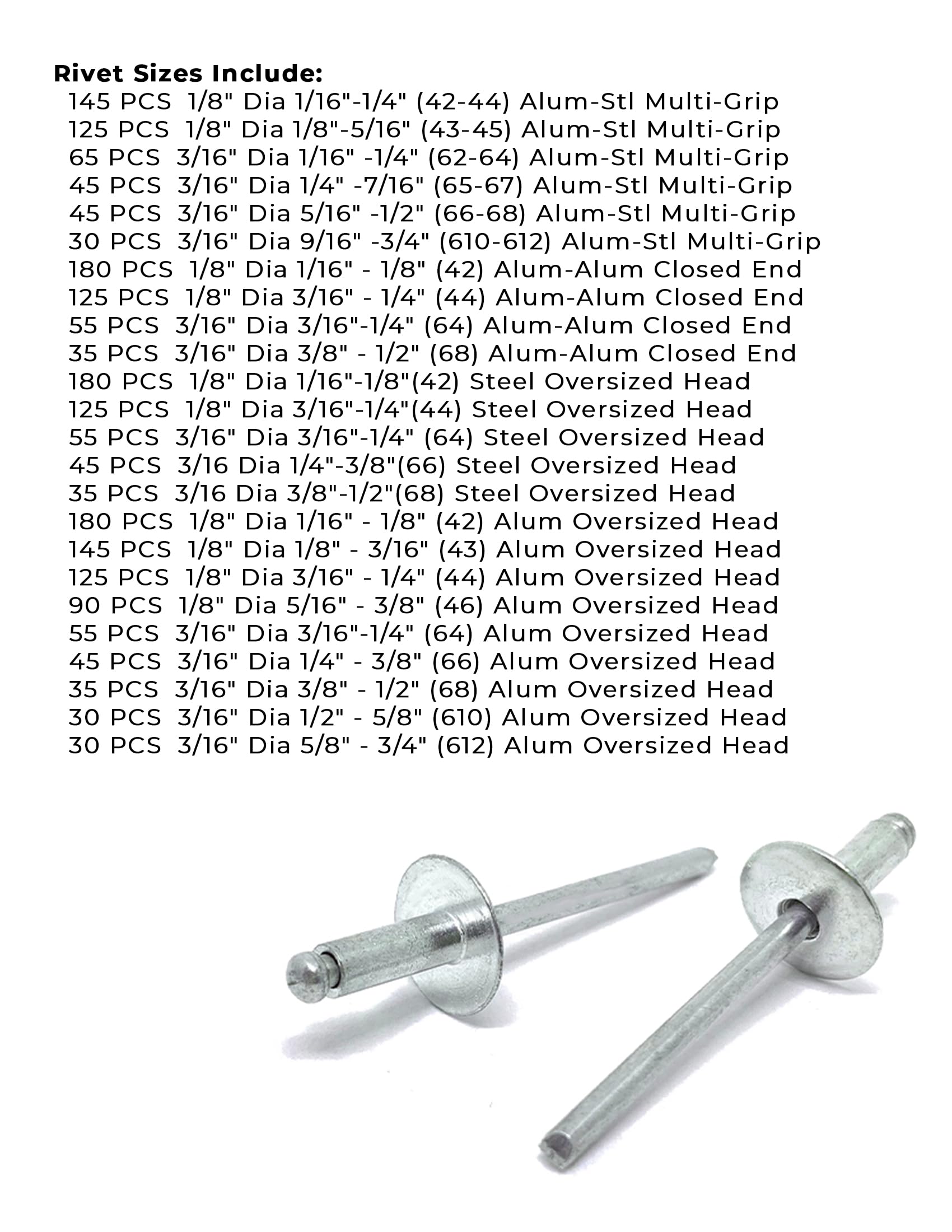 Aluminum and Steel Multi-Grip, Closed-End, & Oversized Head Rivets Assortment - 2025 PCS