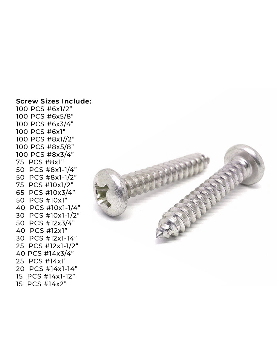Stainless Phillips Pan Head Sheet Metal Self Tapping Screws Assortment - 1396 PCS