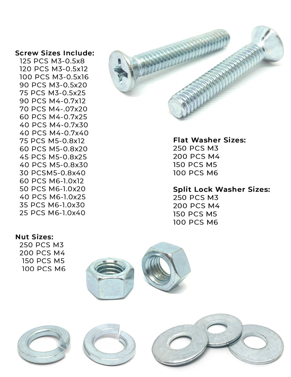 Metric Flat Machine Screws Zinc Clear Assortment - 3371 PCS