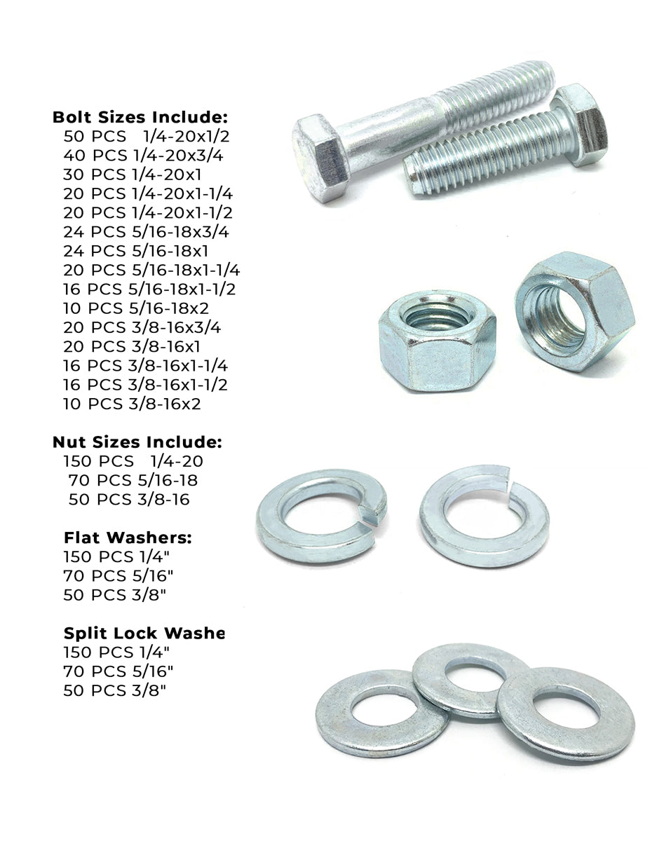 Inch Grade 5 Hex Cap Screws, Hex Nuts, Flat & Lock Washers - 1147 PCS
