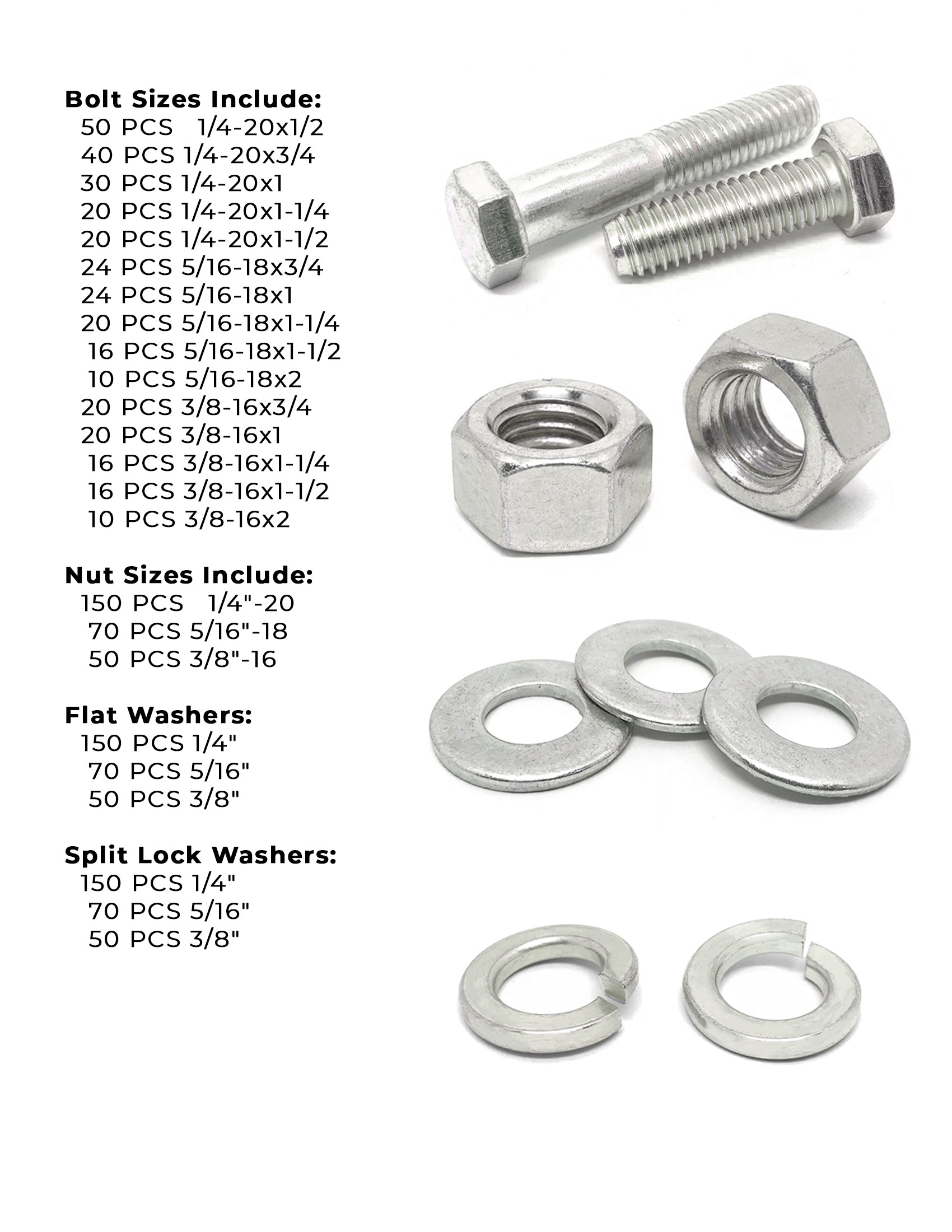 Inch 316 Stainless Steel Hex Cap Screws, Nuts & Washers - 1147 PCS