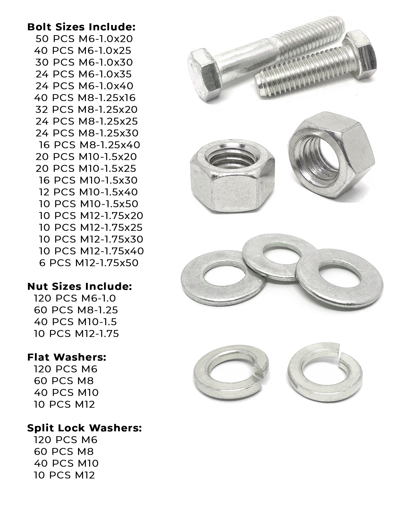 Metric A2 Stainless Steel Hex Cap Screws, Hex Nuts, Flat & Lock Washers - 1118 PCS