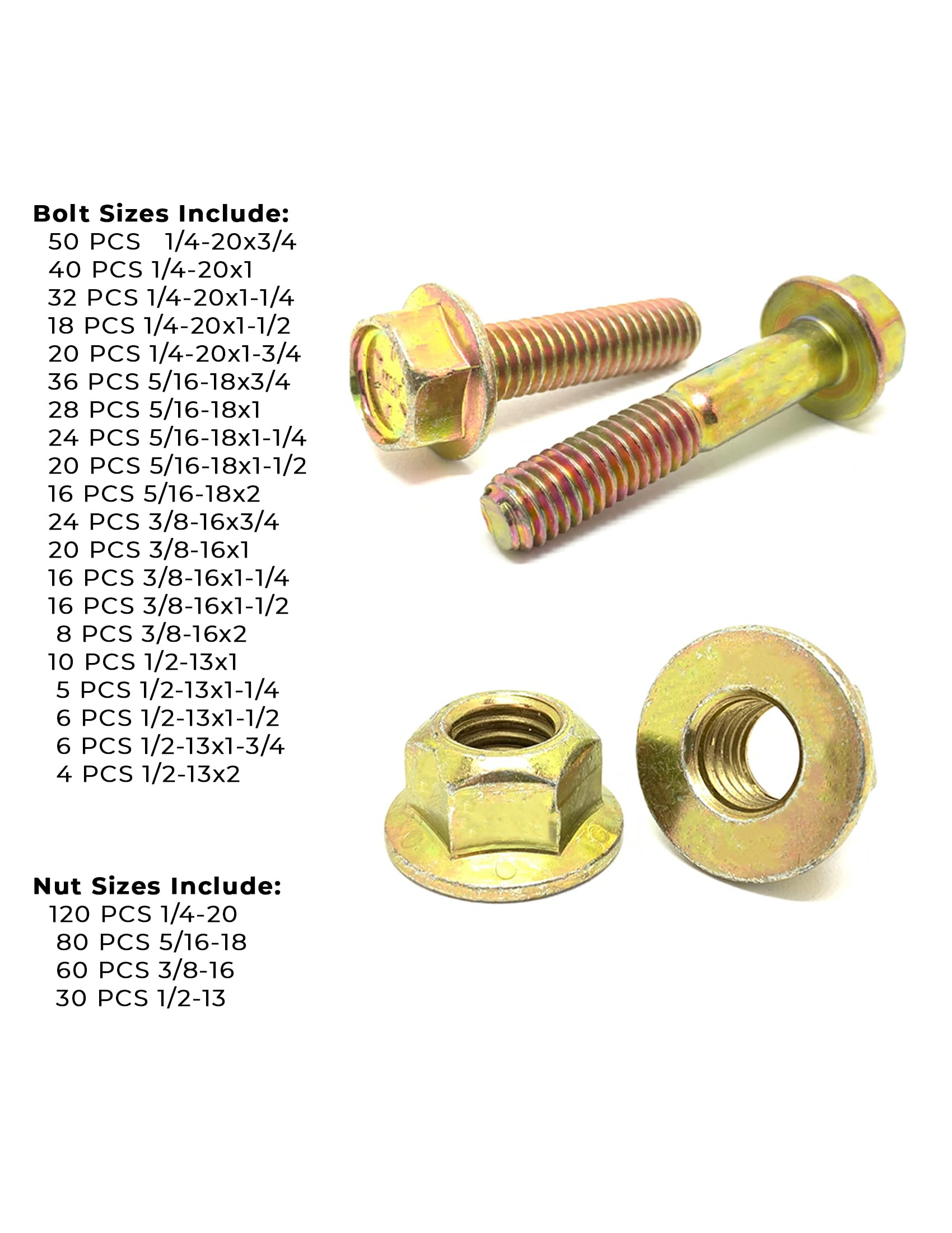 Inch Grade 8 Hex Flange Bolts & Flange Lock Nuts Zinc Yellow Assortment - 692 PCS