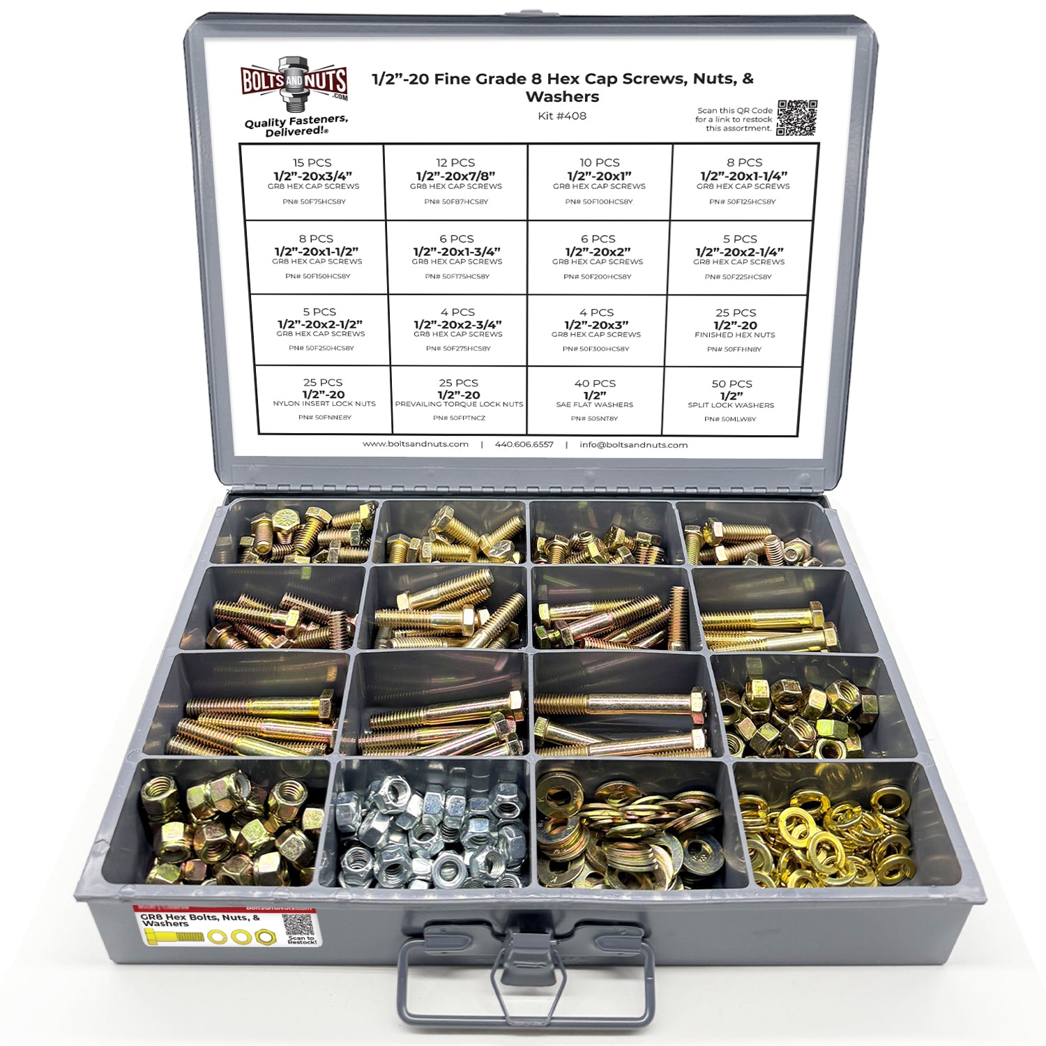 1/2"-20 Fine Grade 8 Hex Cap Screws, Nuts, & Washers - 249 PCS