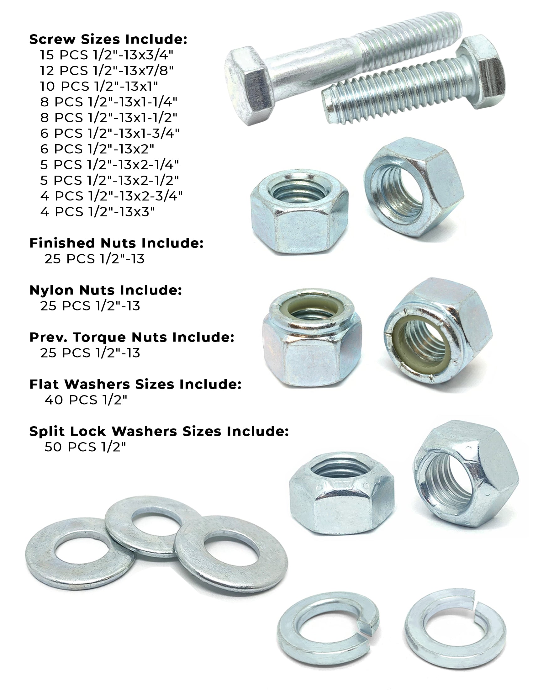 1/2"-13 Coarse Grade 5 Hex Cap Screws, Nuts, & Washers - 249 PCS