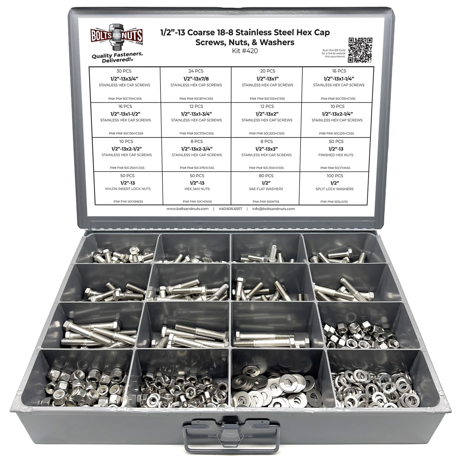 1/2"-20 Fine 18-8 Stainless Steel Hex Cap Screws, Nuts, & Washers - 497 PCS