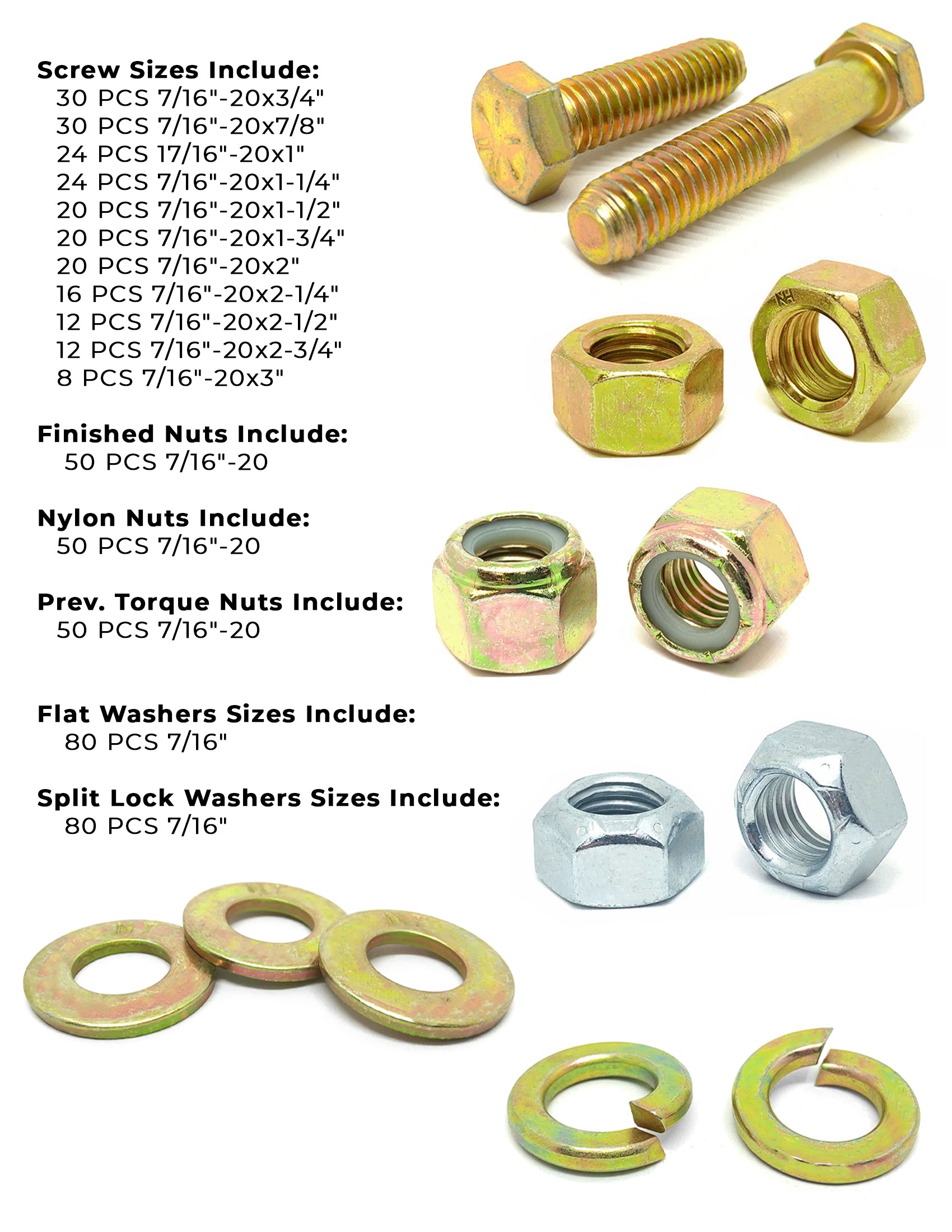 7/16"-20 Fine Grade 8 Hex Cap Screws, Nuts, & Washers - 527 PCS