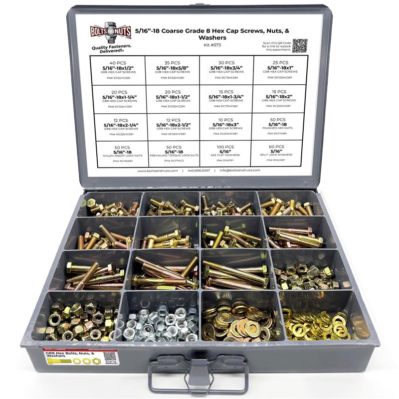 5/16"-18 Coarse Grade 8 Hex Cap Screws, Nuts, & Washers - 540 PCS
