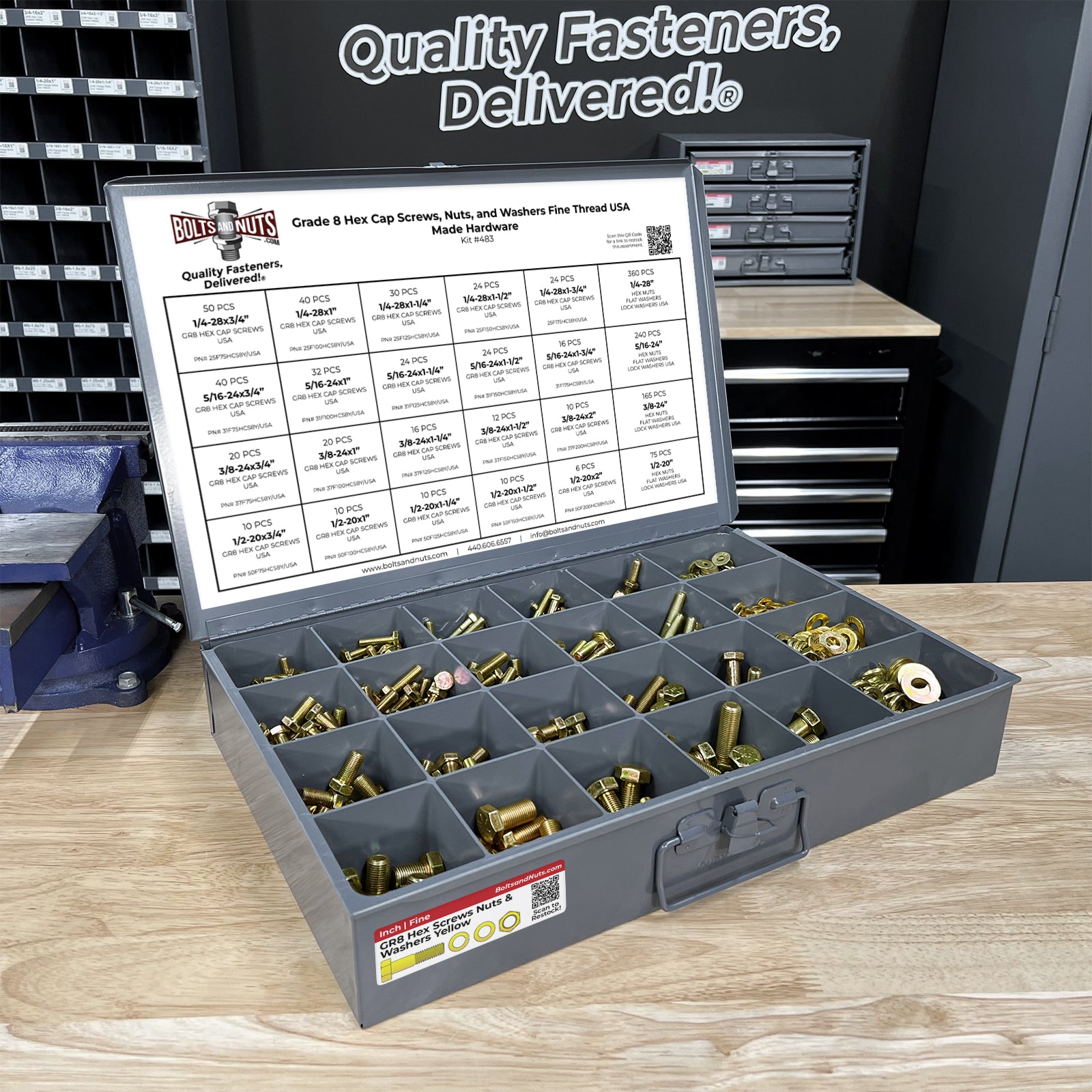 Inch Grade 8 Hex Cap Screws, Nuts, and Washers Fine Thread Zinc Yellow USA Made Hardware Fine Thread - 1269 PCS