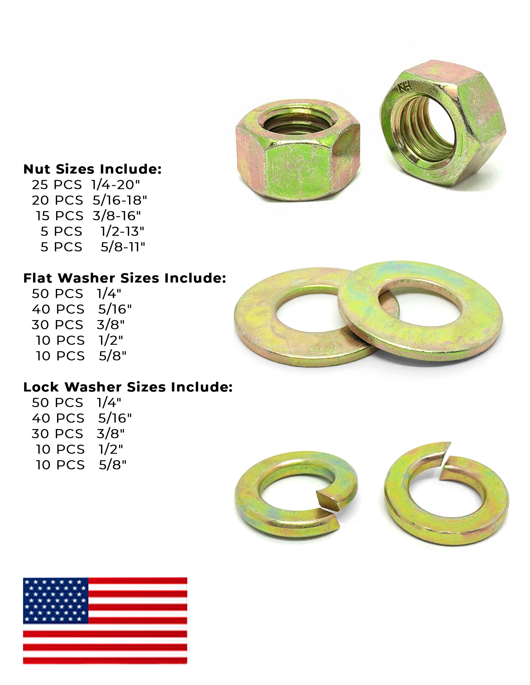Inch Grade 8 Finished Hex Nuts, SAE Flat & Split Lock Washers USA