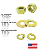 Inch Grade 8 Fine Thread Finished Hex Nuts, SAE Flat & Split Lock Washers USA Made Hardware Assortment - 351 Pcs