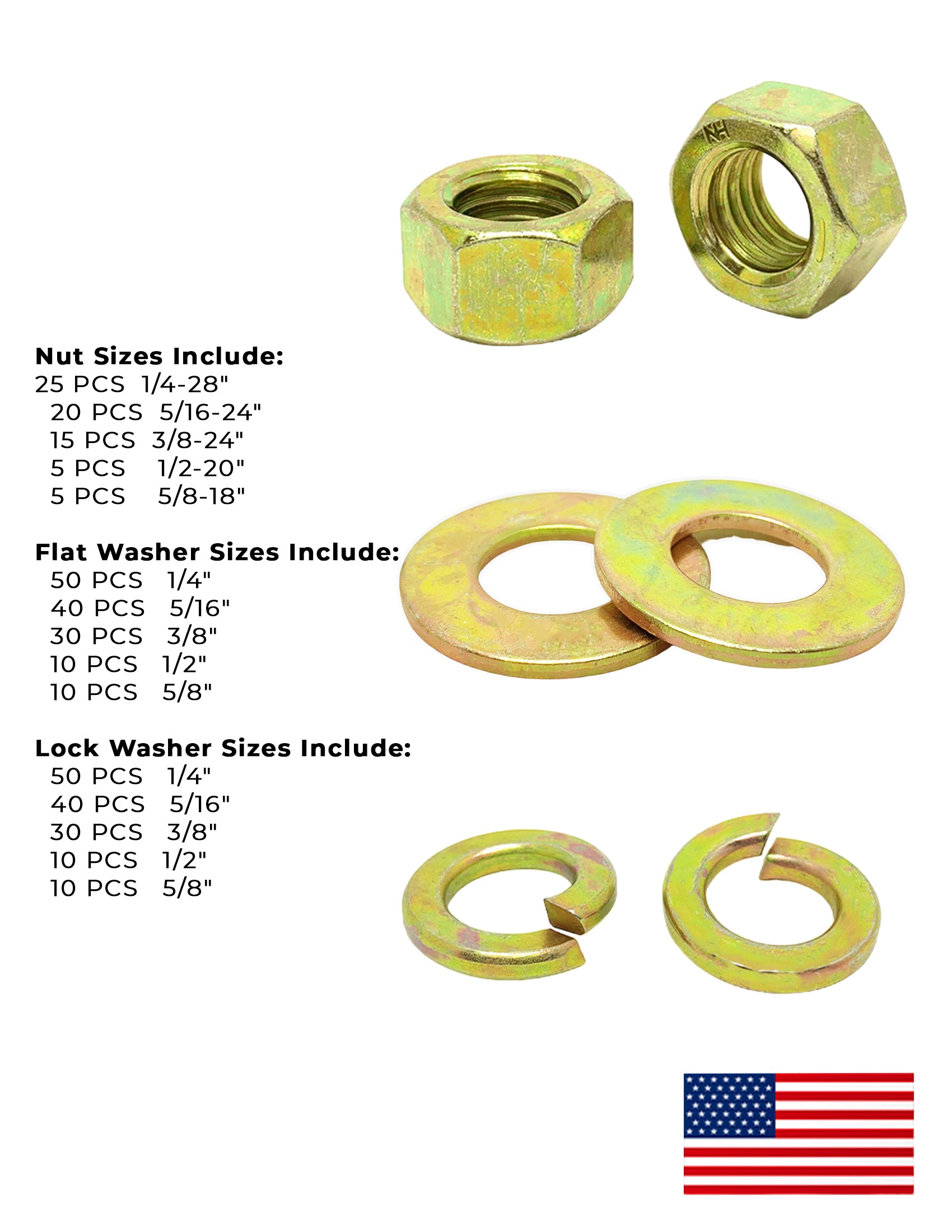 Inch Grade 8 Fine Thread Finished Hex Nuts, SAE Flat & Split Lock Washers USA Made Hardware Assortment - 351 Pcs