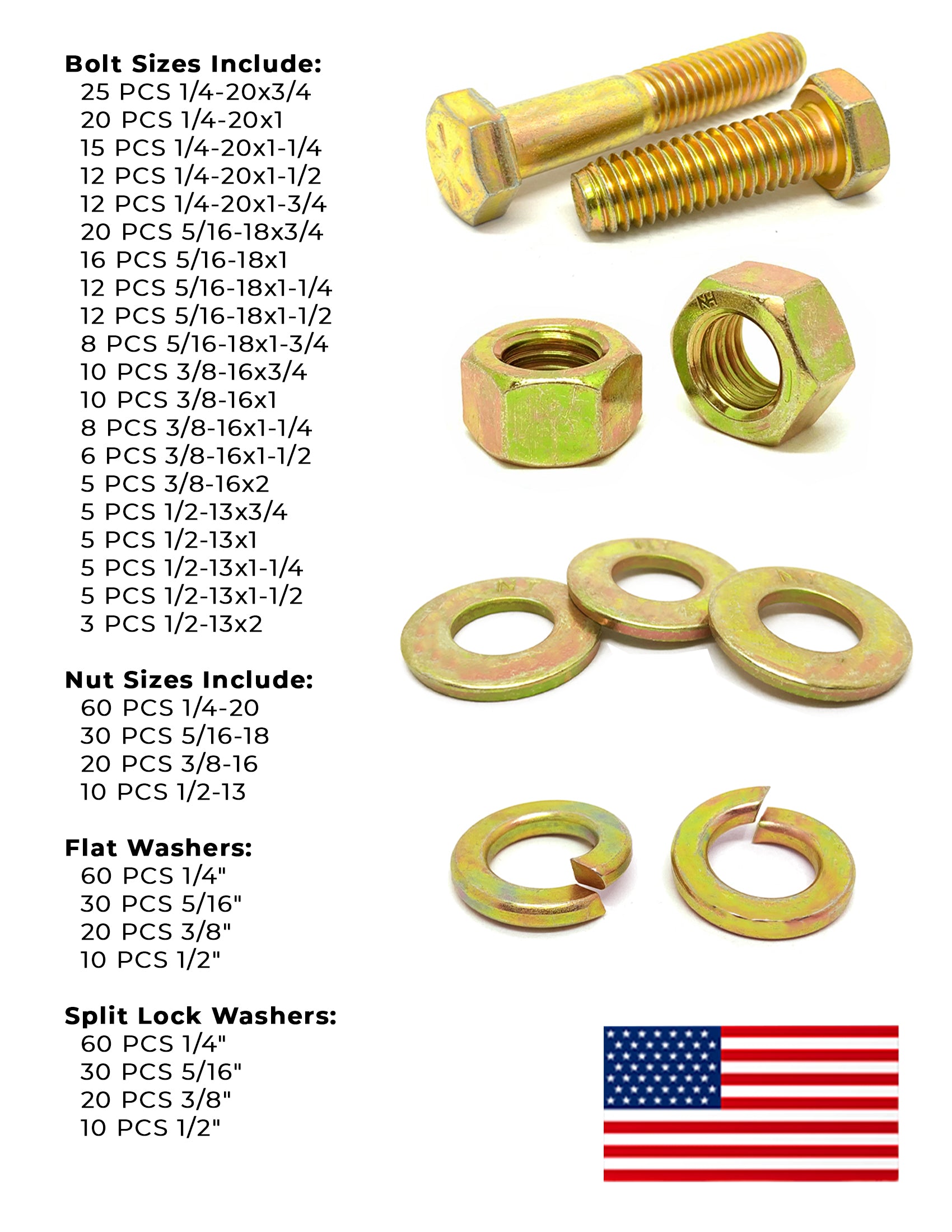 Inch Grade 8 Hex Bolt, Nut & Washer Assortment Zinc Yellow USA Made Hardware - 574 PCS