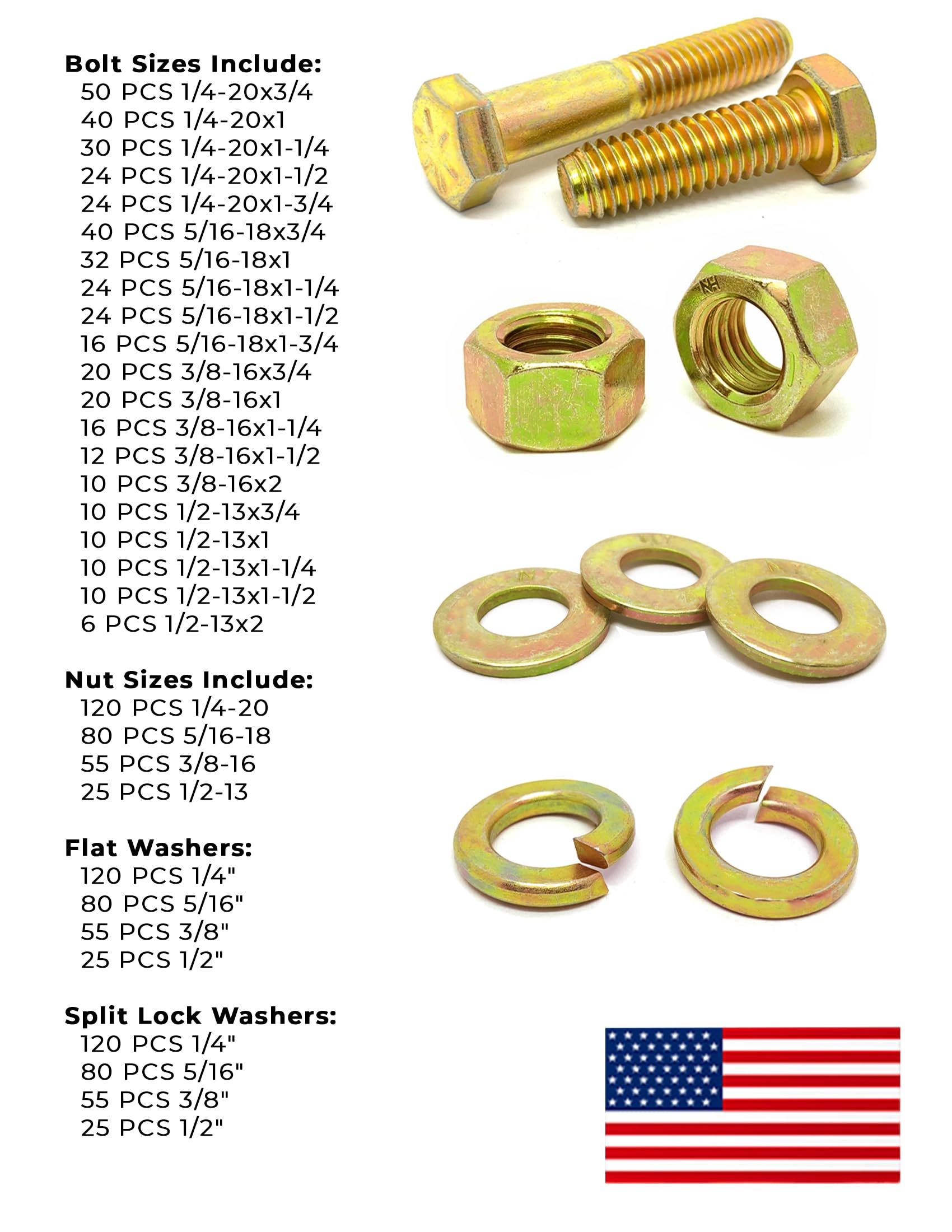 Inch Grade 8 Hex Cap Screws, Hex Nuts, Flat & Lock Washers Coarse Thread Zinc Yellow USA Made Hardware - 1268 PCS