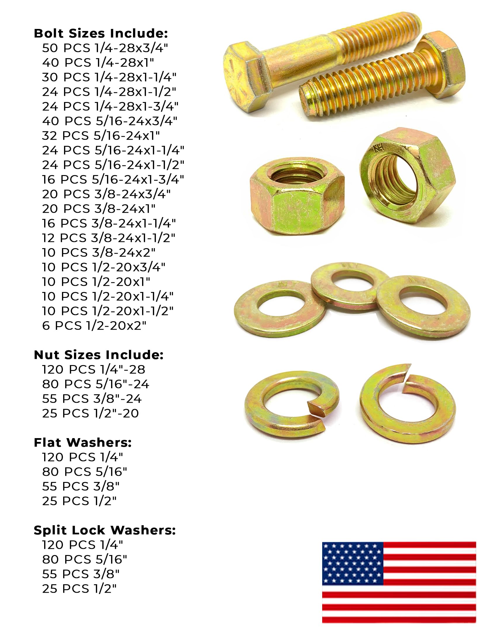 Inch Grade 8 Hex Cap Screws, Hex Nuts, Flat & Lock Washers Fine Thread Zinc Yellow USA Made Hardware - 1268 PCS