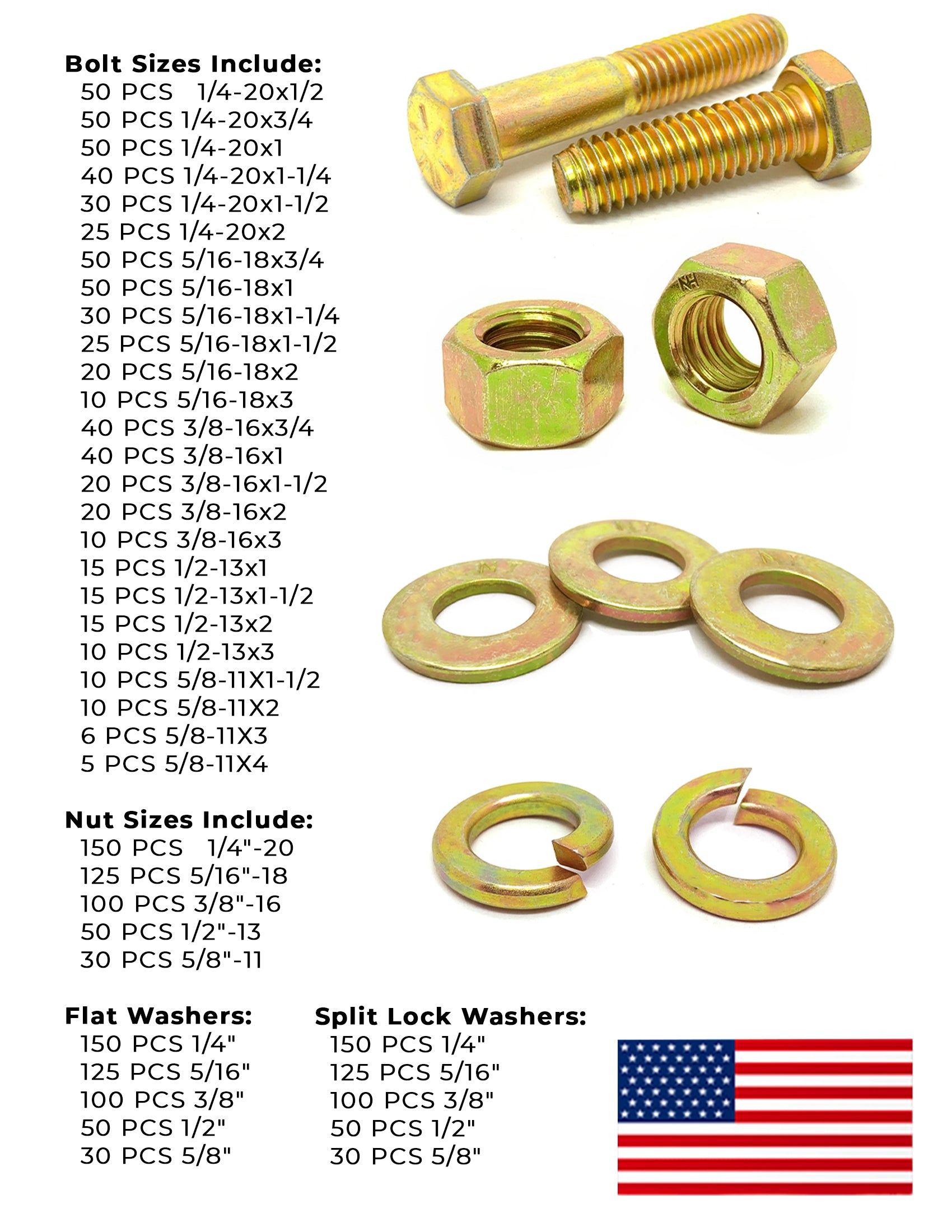 Inch Grade 8 Coarse Hex Cap Screws, Hex Nuts, Flat & Lock Washers Zinc Yellow USA Made Hardware - 2011 PCS