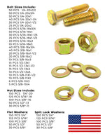 Inch Grade 8 Coarse Hex Cap Screws, Hex Nuts, Flat & Lock Washers Zinc Yellow USA Made Hardware - 2012 PCS