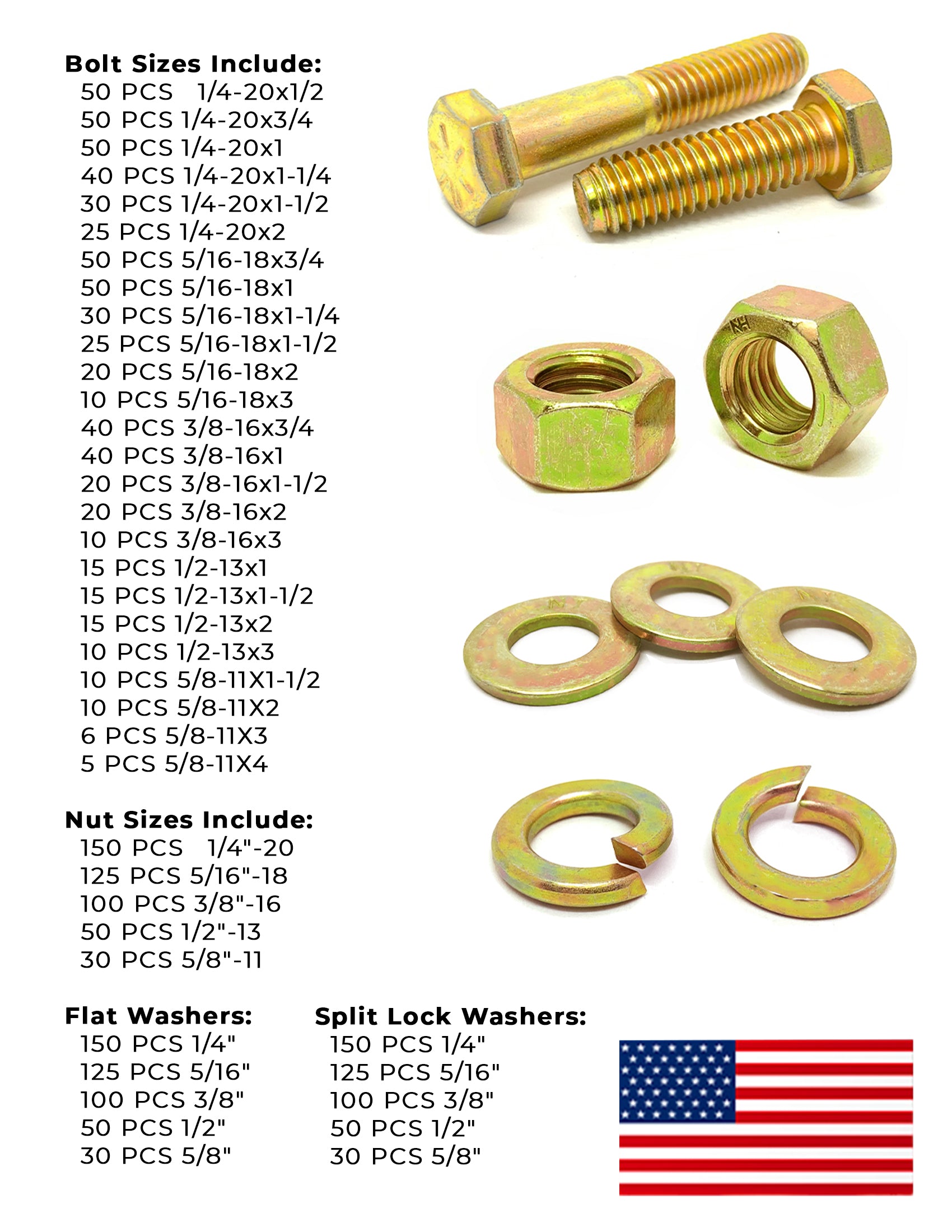 Inch Grade 8 Coarse Hex Cap Screws, Hex Nuts, Flat & Lock Washers Zinc Yellow USA Made Hardware - 2012 PCS