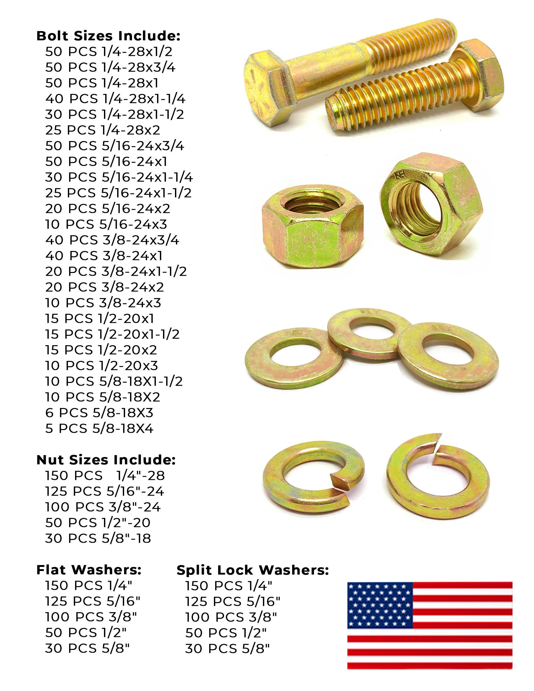 Inch Grade 8 Fine Hex Cap Screws, Hex Nuts, Flat & Lock Washers Zinc Yellow USA Made Hardware - 2012 PCS