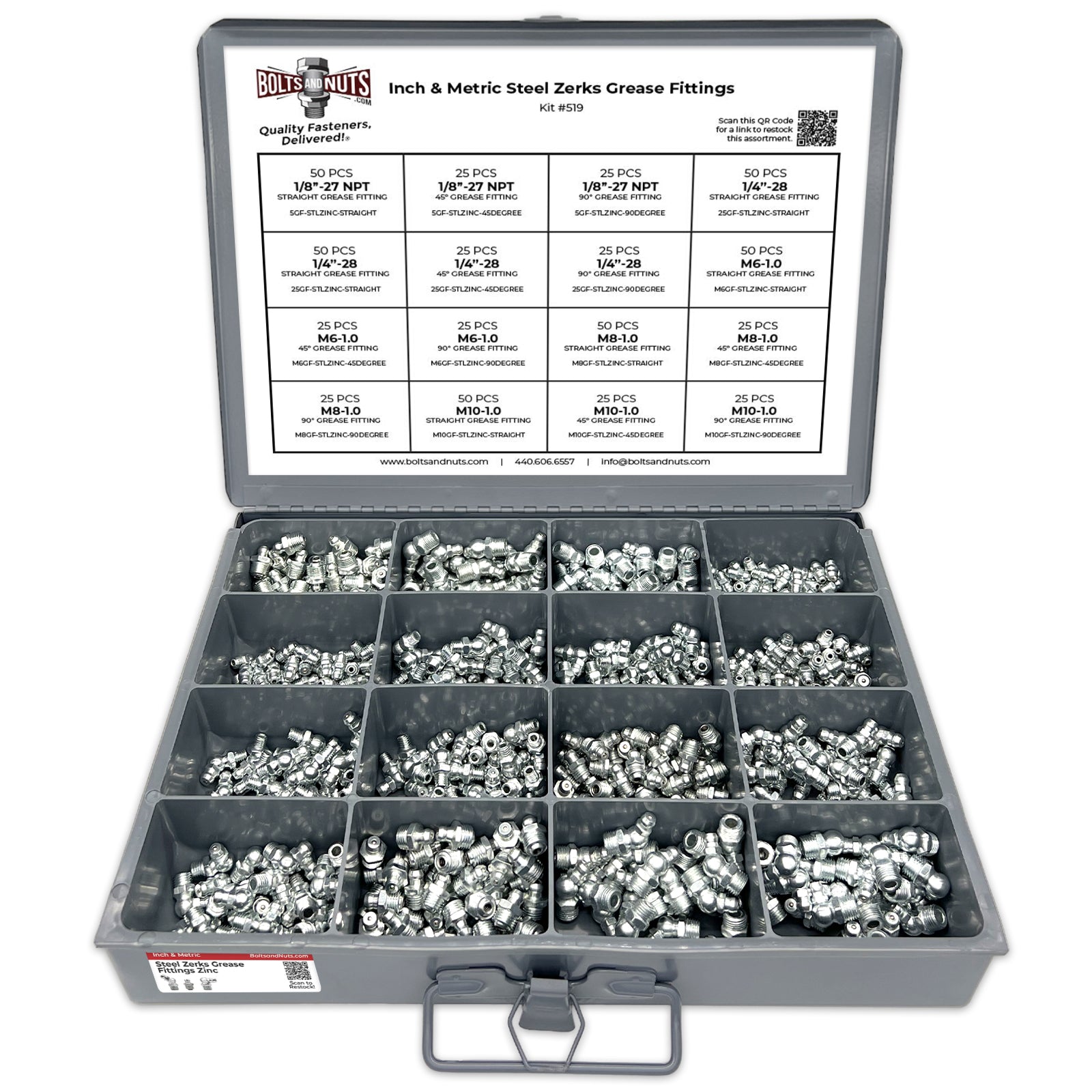 Inch and Metric Steel Zinc Clear Zerks Grease Fittings - 551 PCS